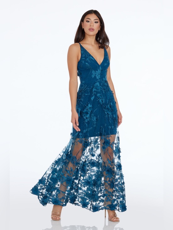 Dress the Population Dresses & Skirts - Dress the Population Sidney Gown Peacock Blue 3D Floral Appliqué Maxi Dress M